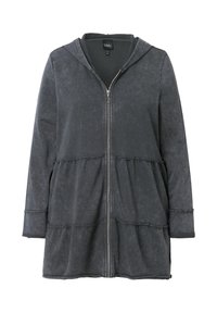 Grau zip-up Hoodie mit Kapuze, verfügt über ein Peplum-Design, gerippte Bündchen und eine weiche Textur. Akzente sind ein Reißverschluss und ein geschichteter Saum.