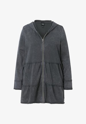 Grijze zip-up hoodie met een capuchon, gekenmerkt door een peplumontwerp, geribbelde manchetten en een zachte textuur. Accenten zijn onder andere een rits en een gelaagde zoom.