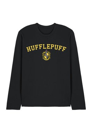Black long-sleeve shirt with yellow "HUFFLEPUFF" text and a small Hufflepuff crest featuring a badger in the center front.