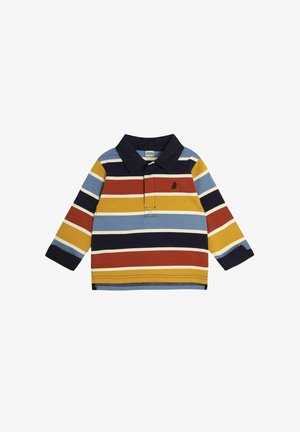 Polo cu mânecă lungă, în dungi multicolore, având un guler bleumarin și un mic logo. Materialul pare a fi bumbac, cu o textură moale.