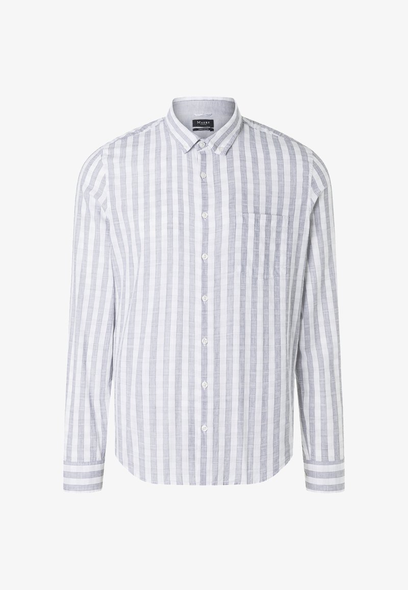 Chemise à manches longues avec boutons, rayures verticales blanches et grises, une poche poitrine et un col classique.