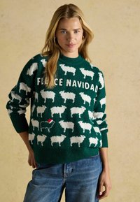 Grüner gestrickter Pullover mit weißen Schafmustern und dem Text "Fleece Navidad". Bemerkenswerte Details sind ein kleines Schaf, das eine Santa-Mütze trägt.