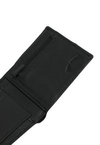 Black leather wallet interior with a zippered coin pocket, smooth texture, card slots, and embossed branding detail.