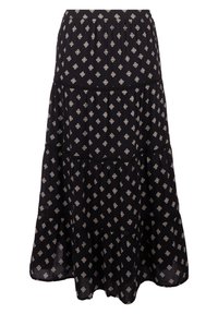 Jupe noire à volants avec un motif floral en forme de diamant. Tissu doux, taille élastique et accents en dentelle. Trois couches distinctes avec un ourlet froncé.