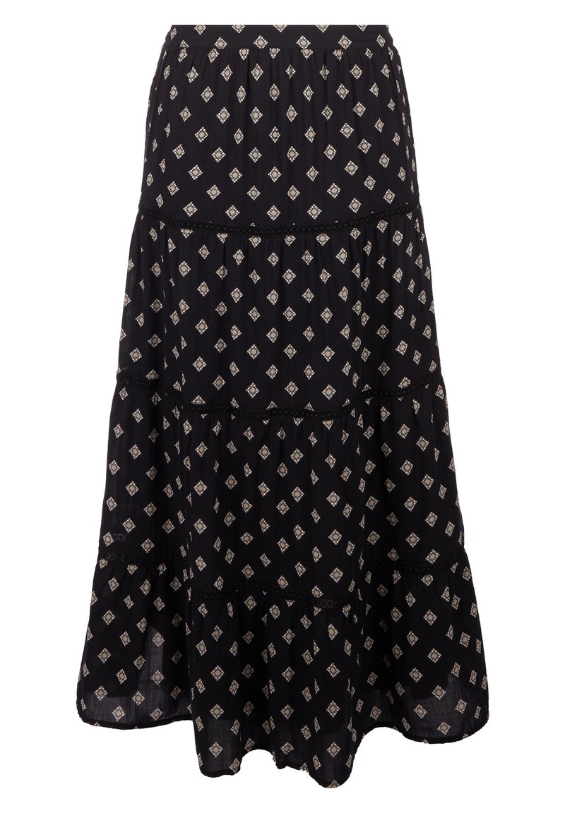 Jupe noire à volants avec un motif floral en forme de diamant. Tissu doux, taille élastique et accents en dentelle. Trois couches distinctes avec un ourlet froncé.