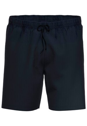 Schwarze Badeshorts mit einem elastischen Bund, Kordelzugverschluss und glatter Oberfläche. In der Mitte des Oberschenkels lang, ohne Taschen oder Muster.