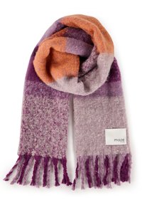 Knit scarf in purple, lavender, and orange stripes; features fringed edges; soft texture; branded tag attached.