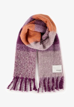 Dzianinowy szalik w fioletowo-lawendowo-pomarańczowe paski; posiada frędzle na krawędziach; miękka tekstura; przypięta metka z logo.