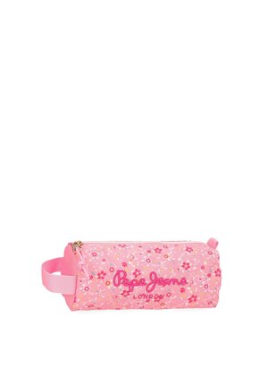 Estuche pequeño para lápices con diseño floral rosa, cremallera, asa lateral y "Pepe Jeans London" bordado en la parte delantera.