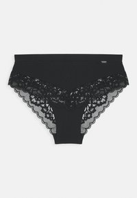 Black panties featuring a solid fabric front and a scalloped lace trim at the back, with intricate floral patterns and a smooth texture.
