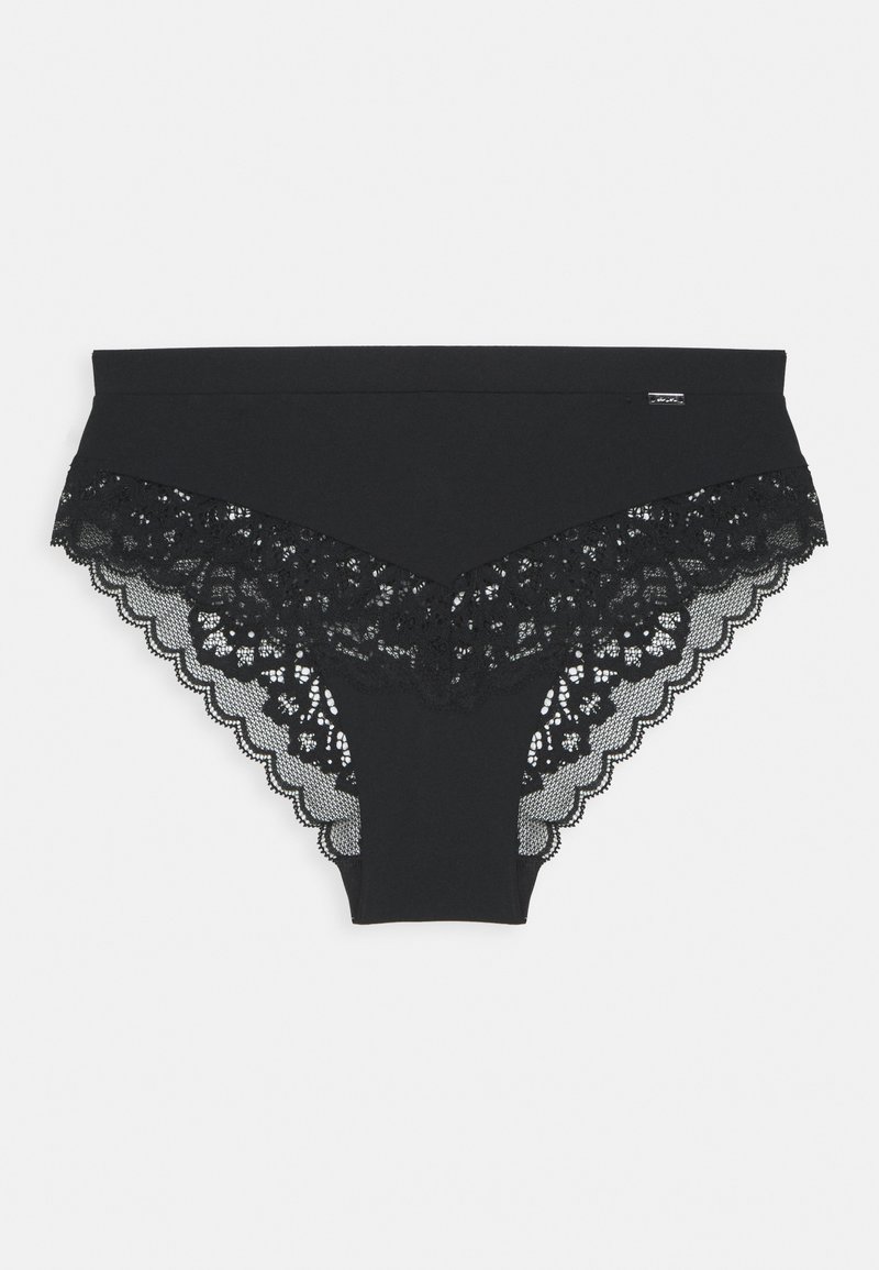 Black panties featuring a solid fabric front and a scalloped lace trim at the back, with intricate floral patterns and a smooth texture.