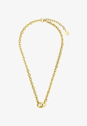 Gouden ketting met in elkaar grijpende schakels, voorzien van een haaksluiting en een verlengde ketting met ovale tag-detail. Soepele, gepolijste afwerking.