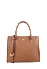 Sac à main en cuir marron avec un design structuré, deux poignées, une bandoulière amovible, des éléments en métal doré et un détail de logo embossé.