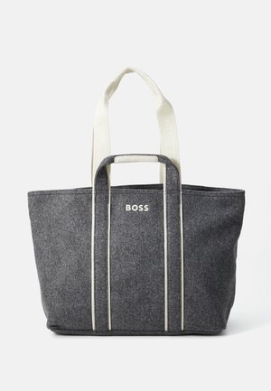 Gray felt tote bag with cream handles, featuring a minimalist design and a silver "BOSS" logo on the front, dual top handles.