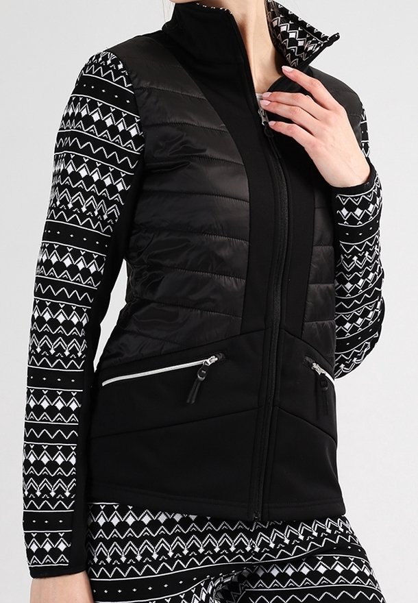Giacca sportiva nera con torso imbottito, maniche a fantasia con disegni geometrici bianchi e tasche con zip. Design con colletto alto.