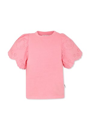 T-shirt di cotone rosa con maniche a sbuffo corte, motivo floreale ricamato, colletto rotondo e orlo dritto.