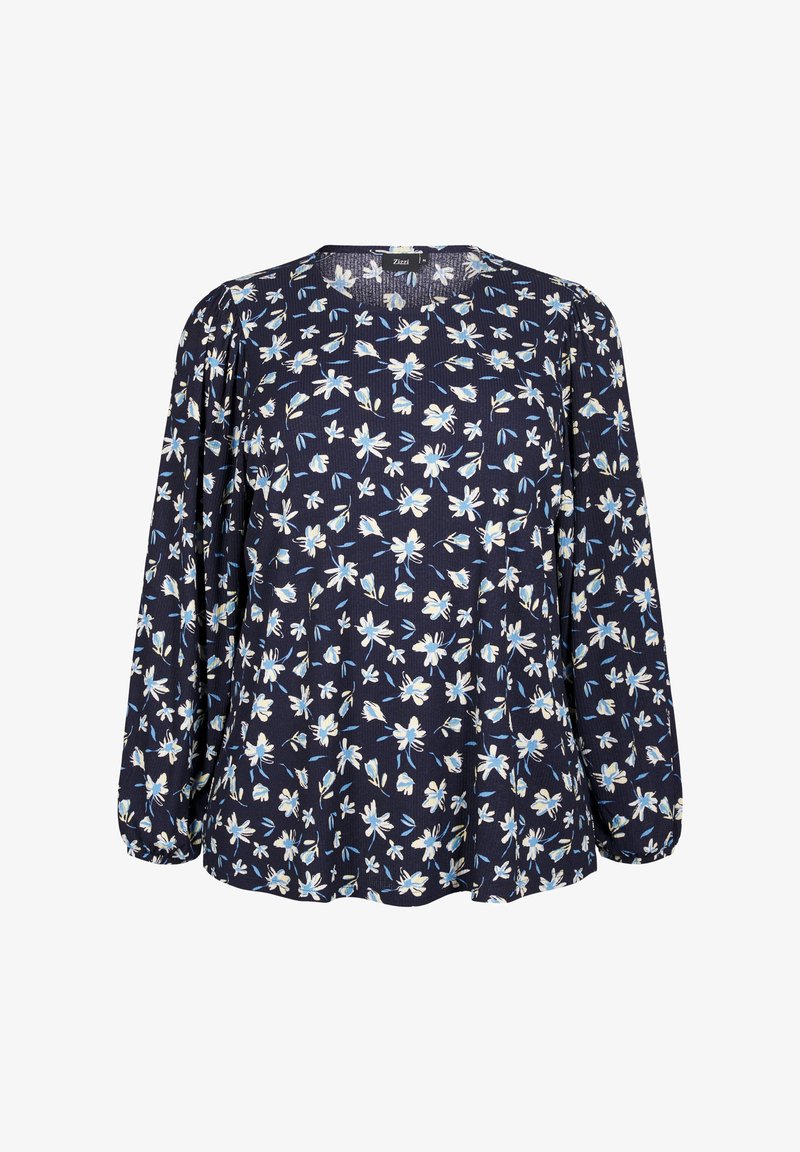 Marinblomstrig blus med långa ärmar, med ljusblå och krämfärgad blommönster, tillverkad av mjukt texturerat tyg, rund halsringning.