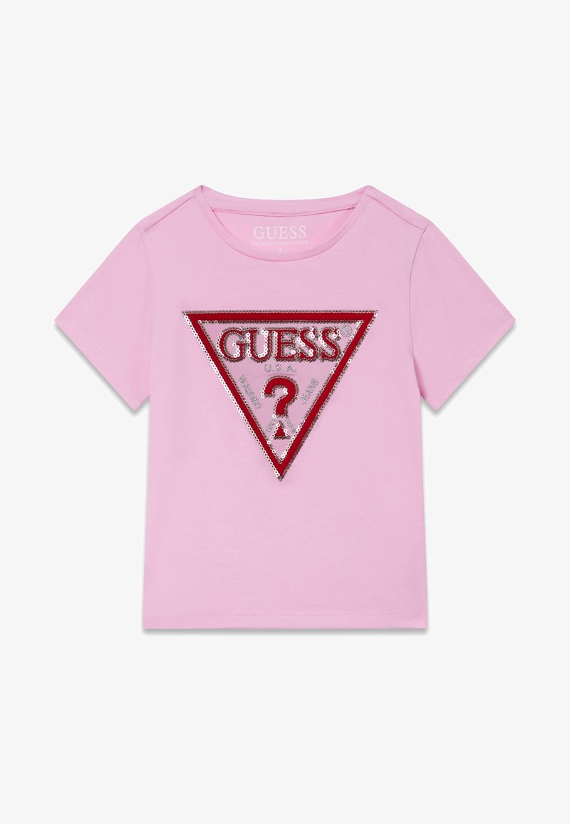 Roza bombažna majica s tremi koti rdeče in srebrne sequinske logotipom z napisom "GUESS" in vprašajem v sredini.