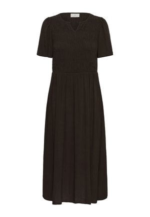 Abito midi nero con maniche corte a sbuffo, corpetto arricciato, scollo a V e gonna fluente.