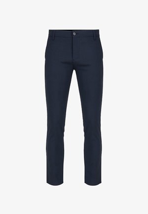 Granatowe, dopasowane spodnie wykonane z gładkiego materiału, z przodem z zapięciem na guzik i slim fit z prostymi nogawkami.