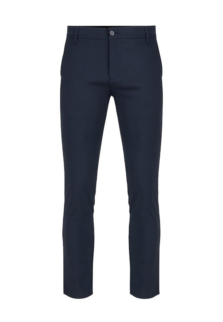 Granatowe, dopasowane spodnie wykonane z gładkiego materiału, z przodem z zapięciem na guzik i slim fit z prostymi nogawkami.