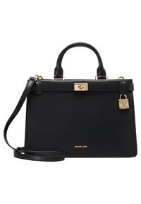 Borsa a tracolla in pelle nera strutturata con manico superiore, tracolla regolabile, chiusura dorata e dettaglio del lucchetto, logo Michael Kors sul davanti.
