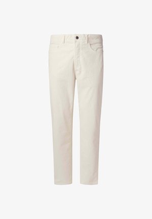 Beige Baumwollhosen mit geradem Schnitt, Gürtelschlaufen und Vordertaschen. Sie bieten ein klassisches Fünf-Taschen-Design und einen einzelnen Knopfverschluss.