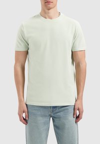 Lichtgroene t-shirt met korte mouwen van zachte katoen. Klassieke ronde hals, relaxte pasvorm, met subtiele stikdetails en zonder zichtbare logo's.