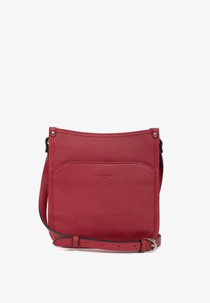 Borsa a tracolla rossa in pelle con texture liscia, chiusura superiore con zip, tasca frontale e tracolla in pelle regolabile, caratterizzata da un design minimalista.