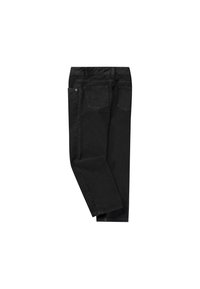 Black denim pants featuring a classic cut, five-pocket design, and subtle stitching accents. Material is sturdy with a smooth texture.