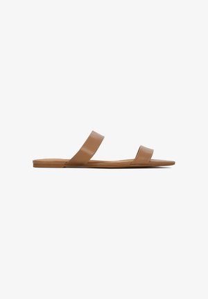 Brown flat sandals with two wide, smooth straps, a minimalist design, and a flat sole. The material appears to be synthetic and flexible.