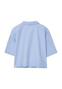 Blusa azzurro chiaro a maniche corte con colletto, caratterizzata da una vestibilità comoda e una texture liscia. Design semplice senza motivi.