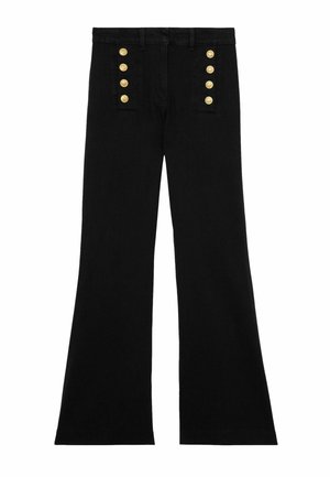 Sorte bukser med brede ben og høj talje, der har to lodrette rækker med fire guldknapper foran.