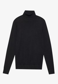 Suéter negro de cuello alto hecho de tela suave con mangas largas. Presenta un diseño ajustado y puños y dobladillo acanalados.