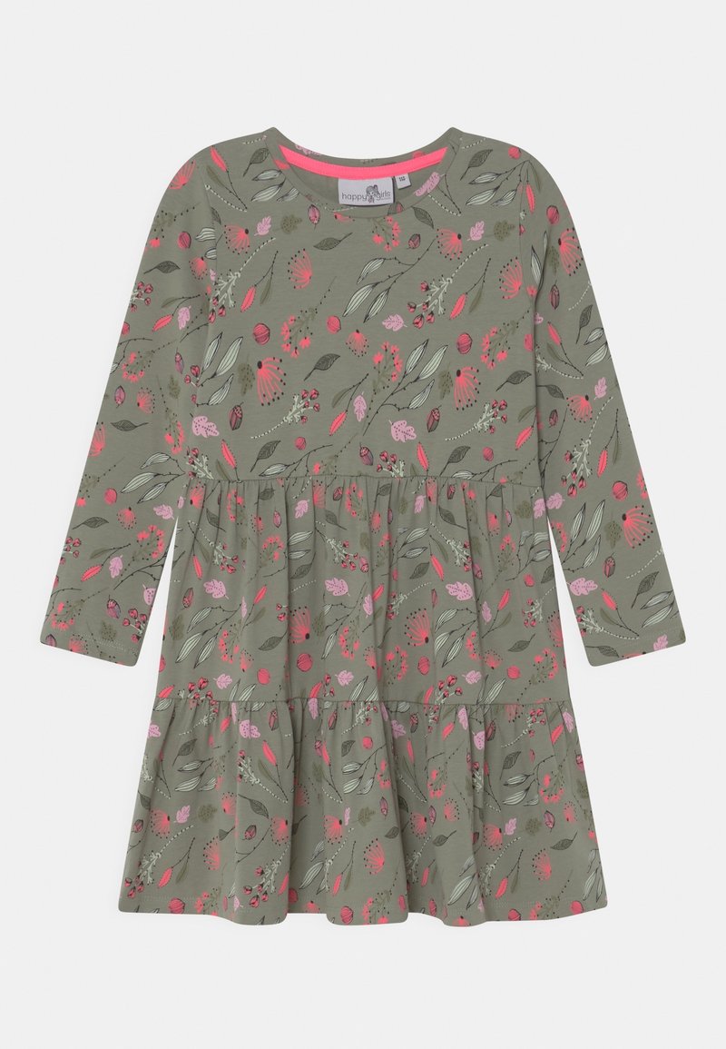 Zelené dlouhé rukávy dívčí šaty s růžovým a fialovým květinovým vzorem a nařasenou vrstvenou sukní.