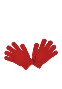 Guanti rossi lavorati a maglia con polsini a coste, dotati di cinque scomparti per le dita. Realizzati in materiale morbido ed elasticizzato per garantire comfort e calore.