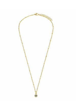 Gouden ketting met kleine kralenaccenten, voorzien van een enkele ronde heldere edelsteenhanger en een verstelbare sluiting.