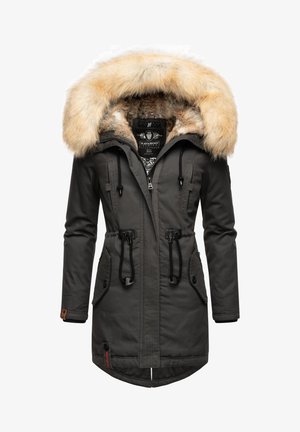 Gray parka jacket with a faux fur hood, drawstring waist, multiple front pockets, and a zip closure. Textured fabric with unique pattern lining.