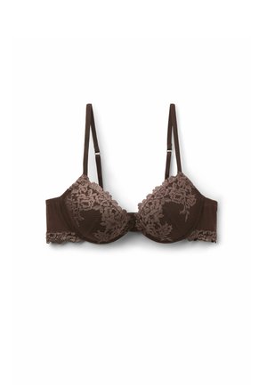 Brown lace padded bra with adjustable straps and underwire, featuring floral lace detailing over the cups and band.