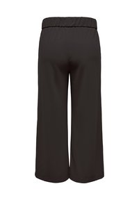 Pantalones de pierna ancha en negro con cintura elástica, fabricados en tejido suave, que presentan una textura lisa y sin patrones ni acentos visibles.