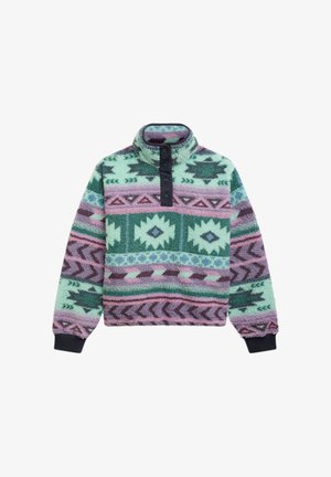 Fleece pullover med høj krave og trykknapper, med multifarvede geometriske mønstre i grønne, lilla, pink og blå nuancer.