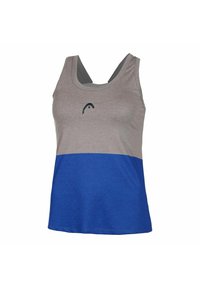 Top in tessuto grigio e blu, con scollatura rotonda, design racerback e logo stampato in blu scuro sopra il petto. Texture del tessuto morbida.