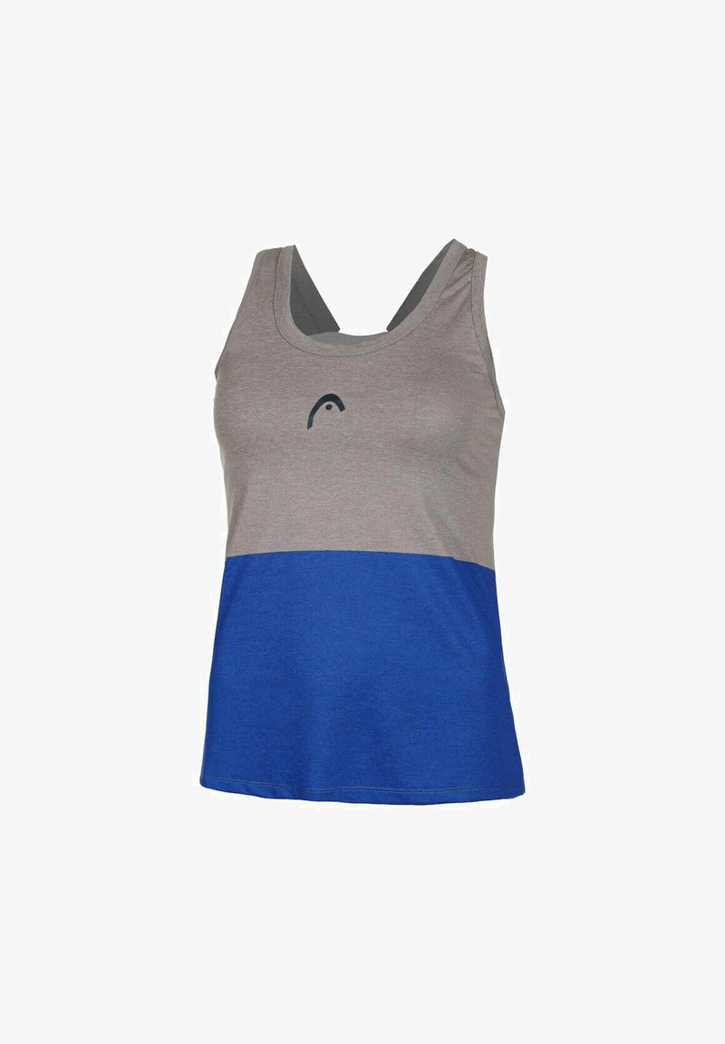 Top in tessuto grigio e blu, con scollatura rotonda, design racerback e logo stampato in blu scuro sopra il petto. Texture del tessuto morbida.