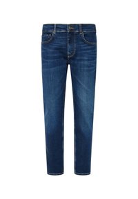 Jeans de mezclilla en azul oscuro, de cintura media, diseño de pierna recta. Cuenta con un estilo tradicional de cinco bolsillos y cierre de botón. Acentos de costura fina.