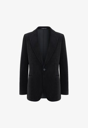 Czarny aksamitny żakiet z pojedynczym guzikiem, z klapkami i dwoma przednimi kieszeniami, prezentowany na białym tle.