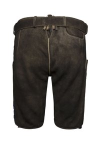 Pantalones cortos de cuero marrón oscuro con una textura suave, que incluyen un cinturón, costuras decorativas y bolsillos laterales.