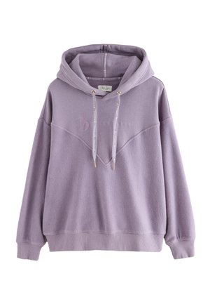 Lavendlivärvi pullover-tüüpi kapuutsiga pusa, millel on paelad, soonikkoes mansetid ja rindmel lõvitud „Ted Bakeri“ logo valgel taustal.