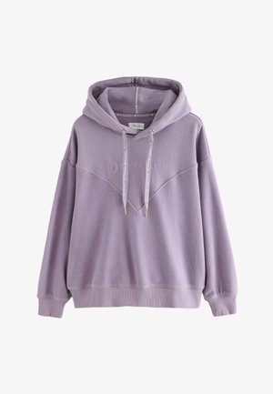 Sudadera con capucha tipo pulóver en color lavanda con cordones, puños acanalados y logo en relieve de "Ted Baker" en el pecho sobre un fondo blanco.