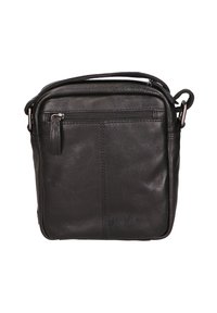 Borsa a tracolla nera in pelle con zip sulla parte superiore, tasca frontale e tracolla regolabile. Presenta una texture liscia e una forma rettangolare.