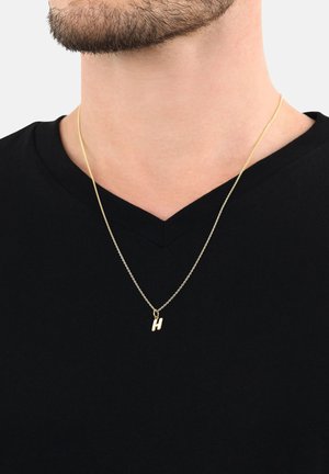 Mann in einem schwarzen V-Ausschnittshirt und einer goldenen Kettenhalskette mit einem kleinen goldenen Buchstaben "H" Anhänger.